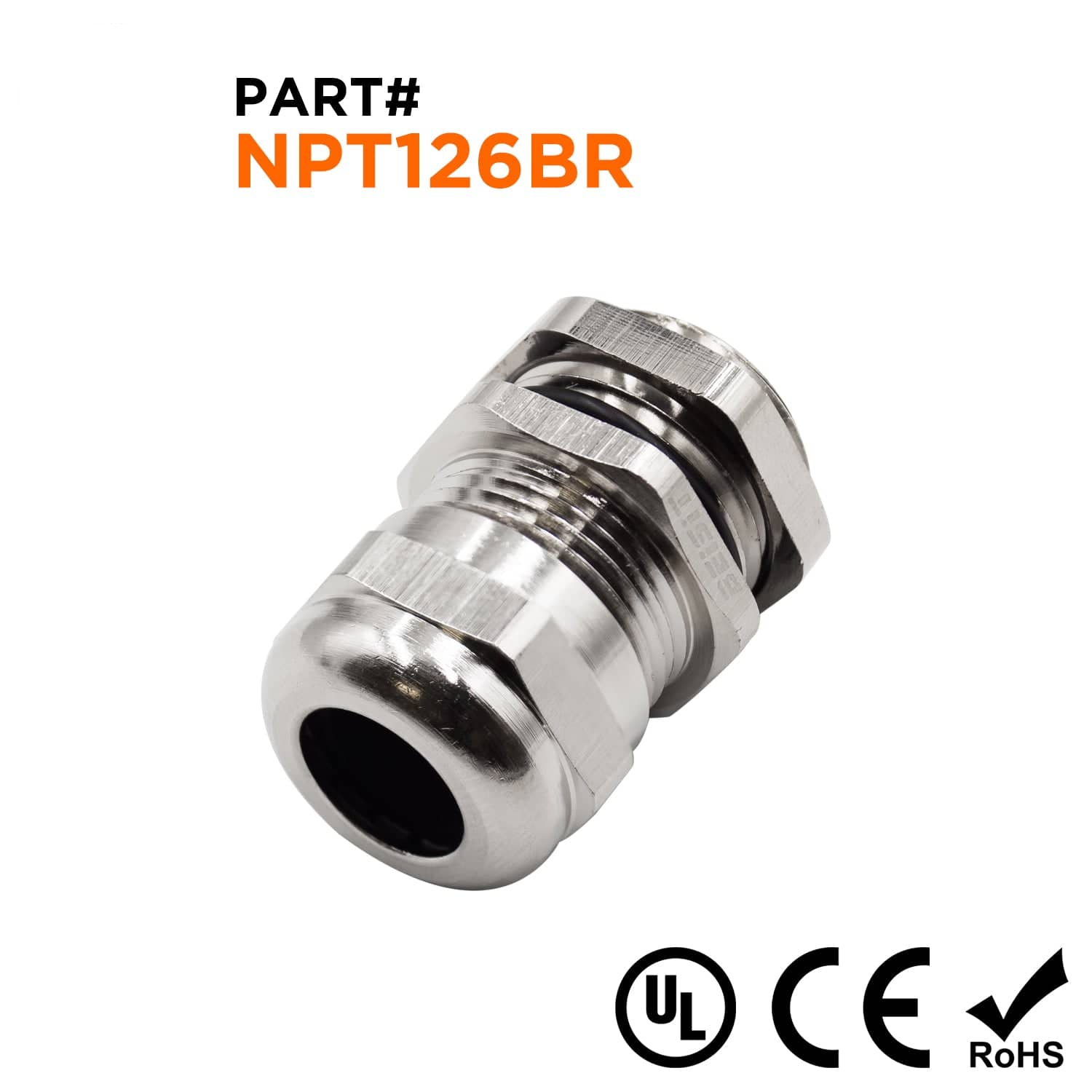 N1212BR - 1/2" NPT Rosca Plated Brass Prensaestopas, Rango: 1/4" a 1/2", UL Listed, IP68, IP69K - 1 pieza
