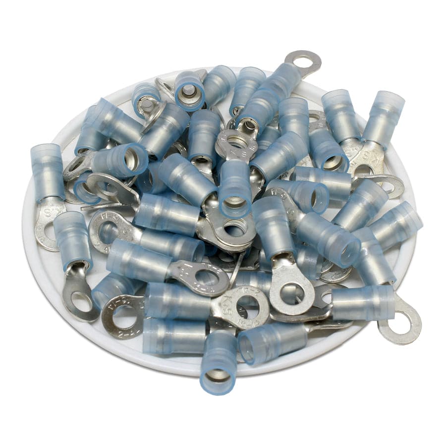 RNYDL2-4 - 16 to 14 AWG Nylon Insulated Ring Terminals, #8 Stud, Double Crimp, 100 Pieces