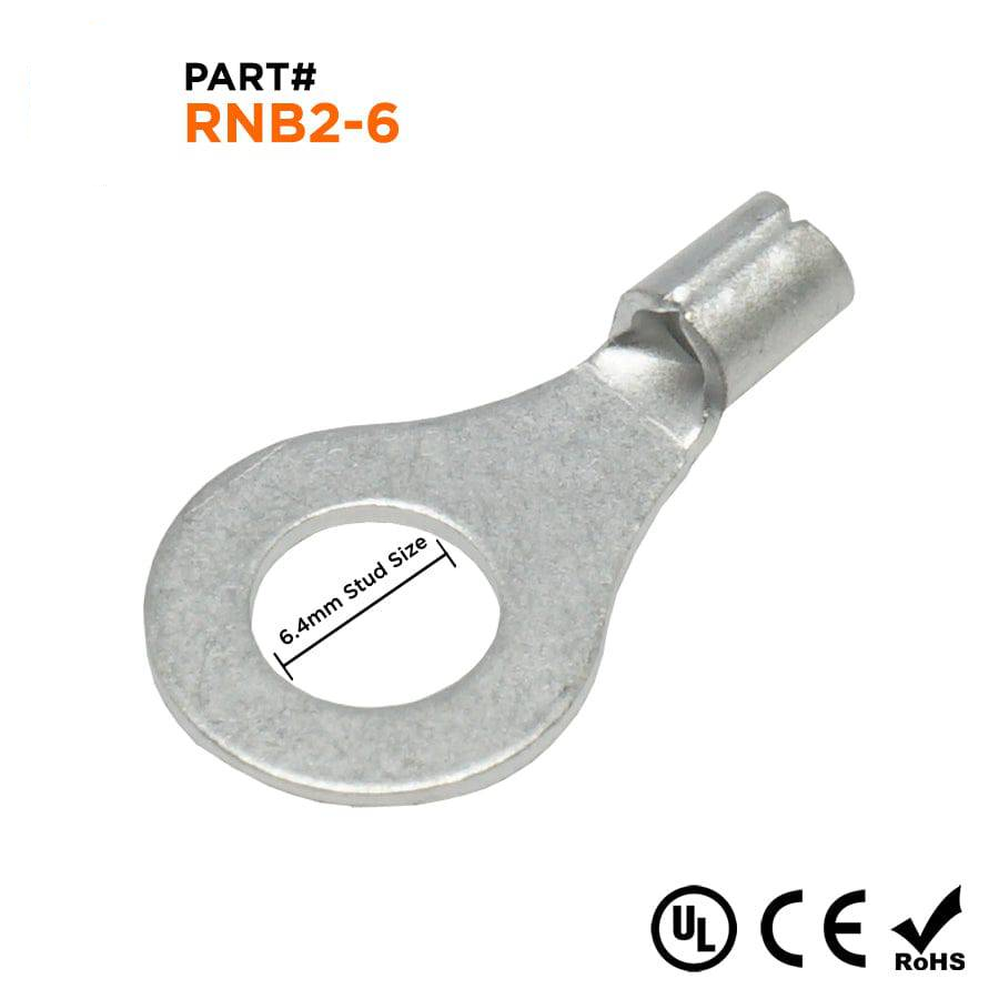 RNB2-6 - 16 to 14 AWG Non Insulated Ring Terminals, 1/4" Stud, UL Recognized, 100 Pieces