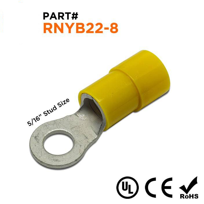 RNYB22-8 - 4 AWG Con aislamiento de nailon Terminales de anillo, 5/16" Orificio, 10 piezas