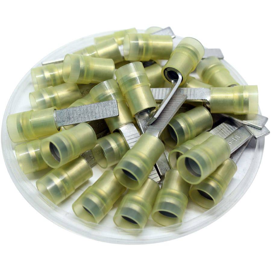 DBNYD5-18 - 12 a 10 AWG De nailon Flat Blade Terminales, Double Crimp, Amarillo, 18mm Pin, 50 piezas