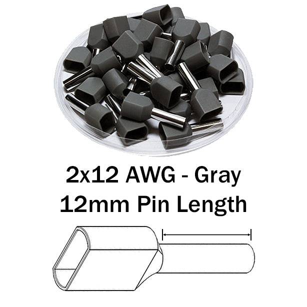 TW40012 - 12 AWG Twin Punteras, 12mm Pin, Gris, 100 piezas