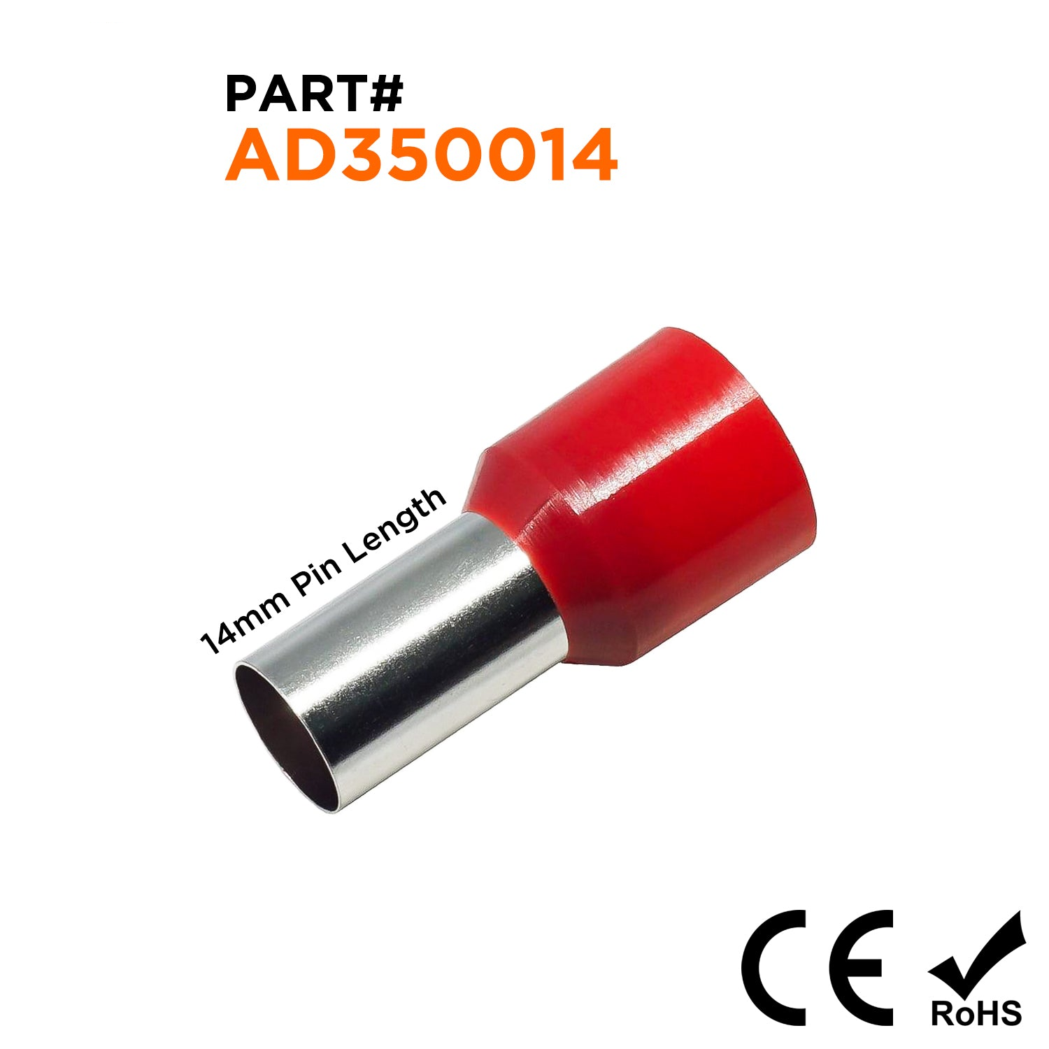AD350014 - 2 AWG Single Insulated Punteras, 14mm Pin, Rojo, 100 piezas