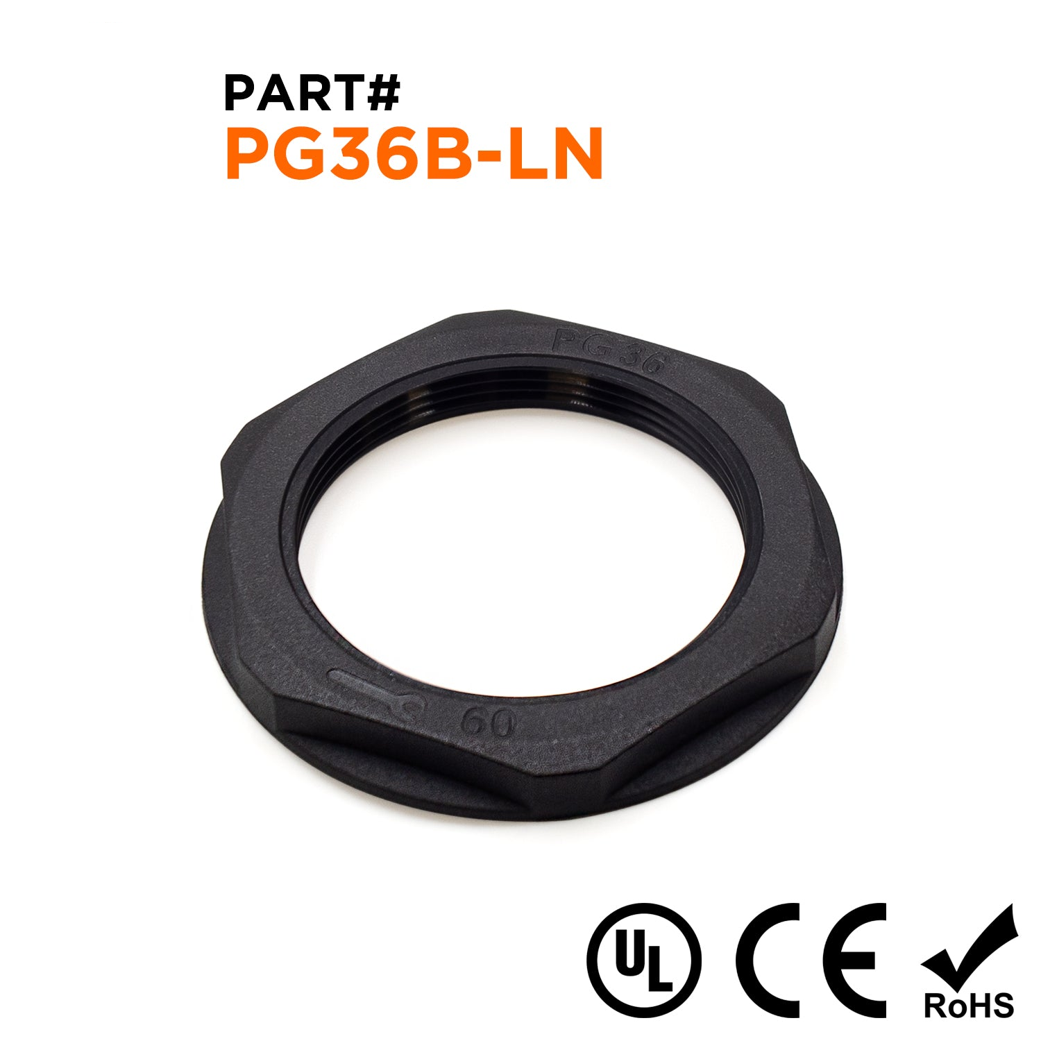 PG36 Thread Nylon Lock Nut for PG Cable Glands, Black, UL Approved, 1 Piece - PG36B-LN
