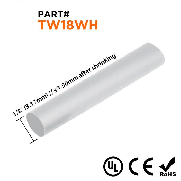 TW18WH - 1/8" De pared fina Tubo termorretráctil, 2:1 Relación de contracción, Blanco, Bobina de 500ft