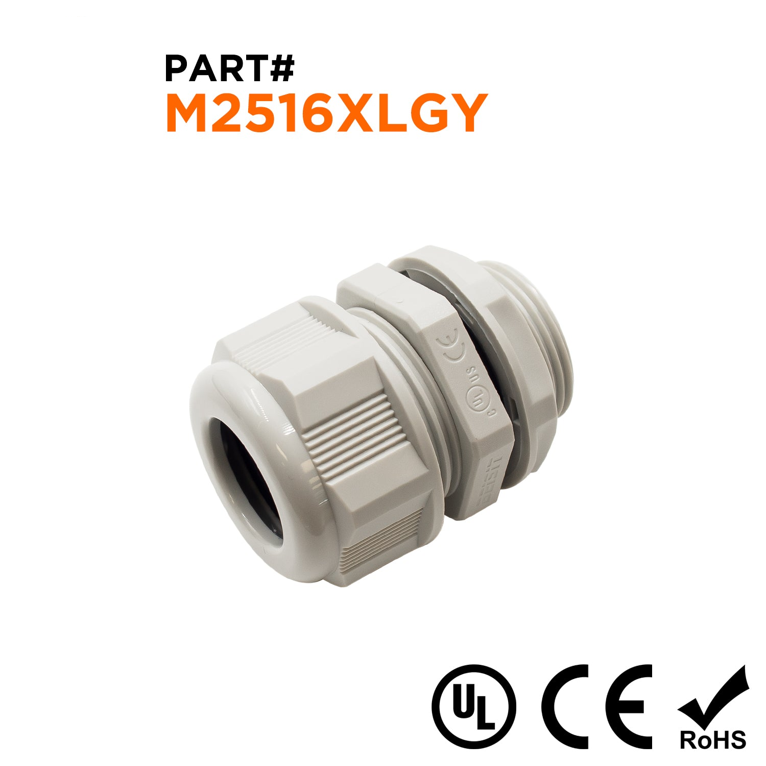 M2516XLGY - M25 x 1.5mm Metric Rosca De nailon Prensaestopas, Gris, Rango: 3/8" a 5/8", XL Longitud, UL Listed, IP68, IP69K - 1 pieza
