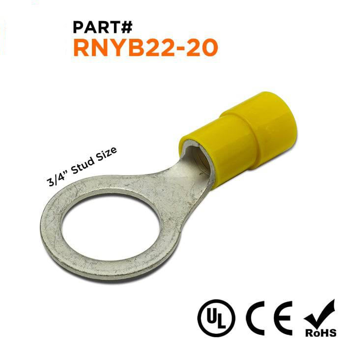 RNYB22-20 - 4 AWG Nylon Insulated Ring Terminals, 3/4" Stud, 10 Pieces