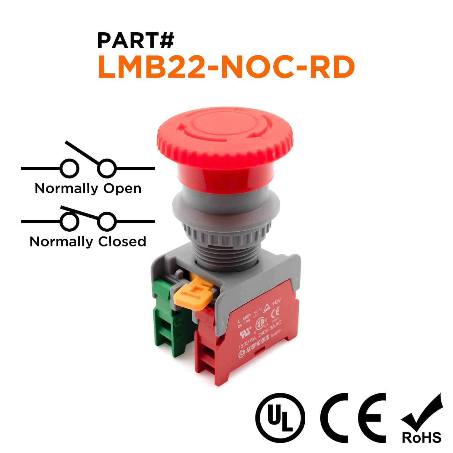 LMB22-NOC-RD - 22mm Rotary Switch Push Button, NO & NC Contacts, 110-240v, 1 Piece