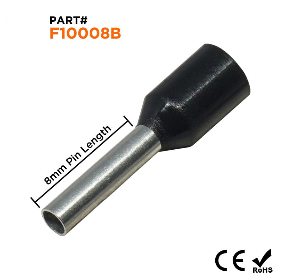 F10008B - 18 AWG Insulated Punteras, 8mm Pin, Negro, 500 piezas