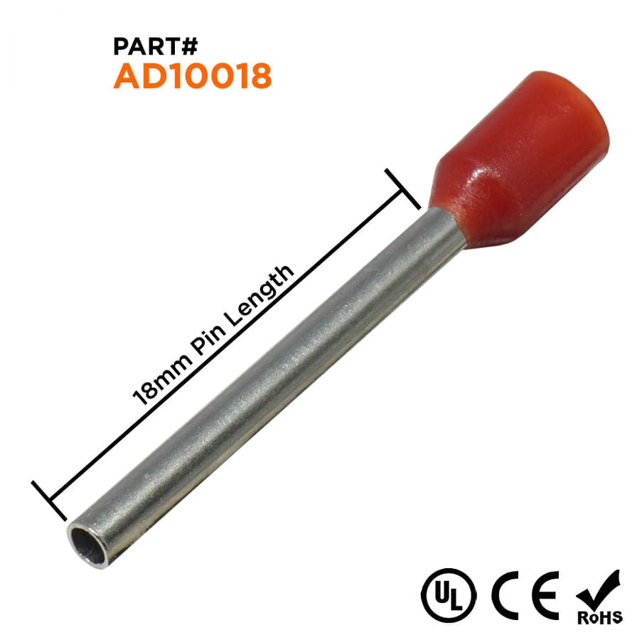 AD10018 - 18 & 17 AWG Insulated Wire Ferrules, 18mm Pin, Red, UL Recognized, 500 Pieces