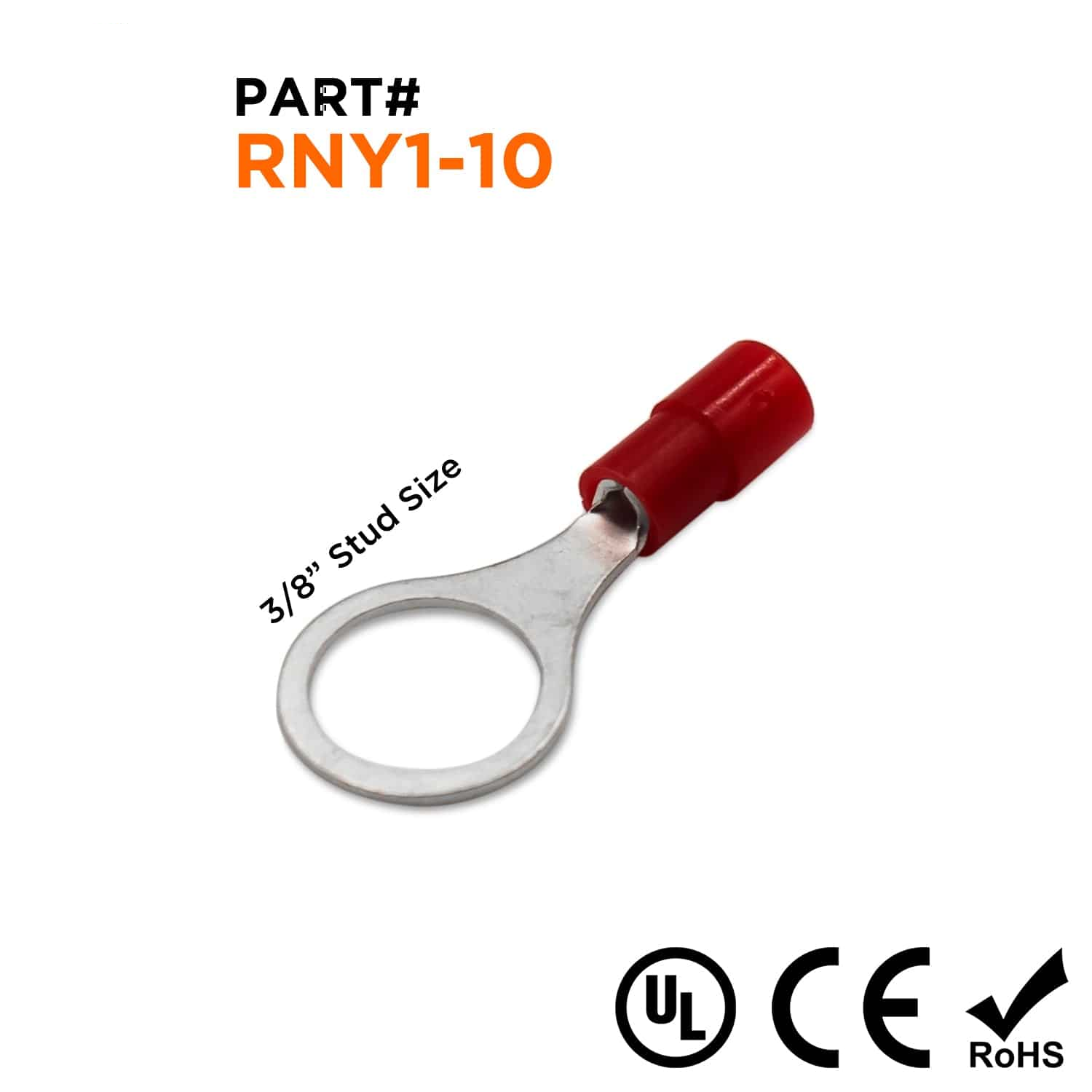 RNY1-10 - 22 to 16 AWG Nylon Insulated Ring Terminals, 3/8" Stud, Butted Seam, 100 Pieces