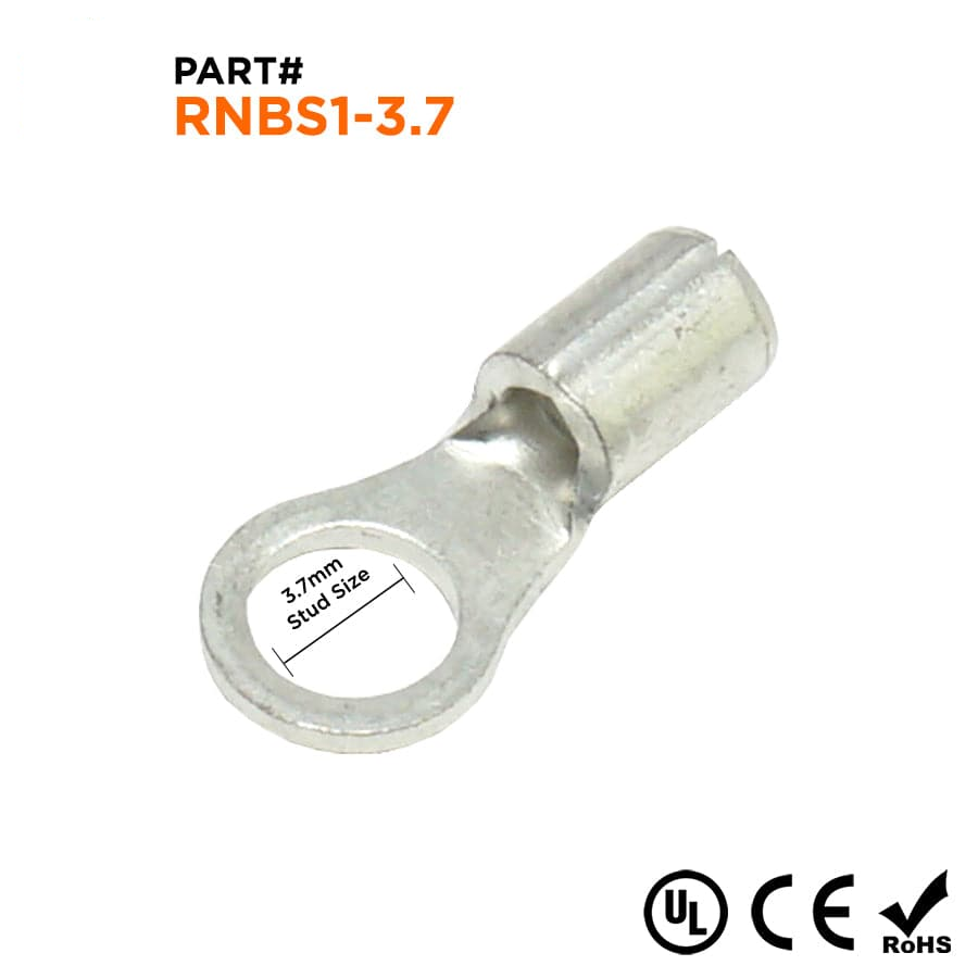 RNBS1-37 - 22 a 16 AWG Sin aislamiento Terminales de anillo, #6 Orificio, UL Recognized, 100 piezas