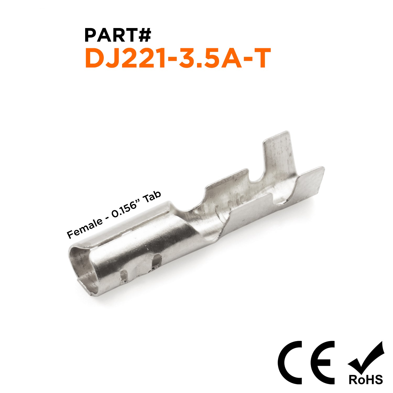 DJ221-3.5A-T - 22 to 18 AWG Open Barrel Bullet Connectors, Female, Tin Plated Brass, 0.156" Tab, 100 Pieces