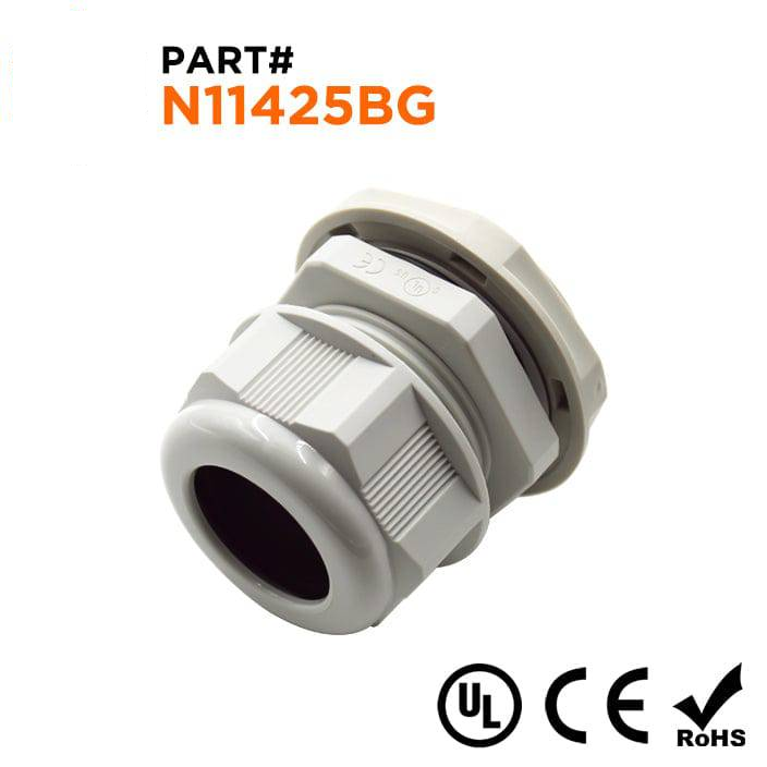 N11425BG - 1 1/4" NPT Thread Nylon Cable Gland, Beige, Range: 11/16" to 1", UL Listed, IP68, IP69K - 1 Piece