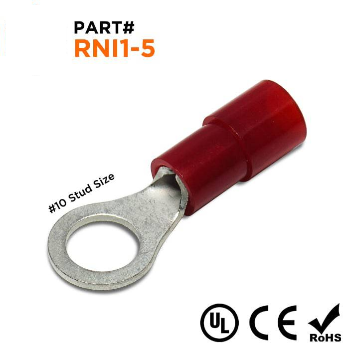 RNI1-5 - 22 a 16 AWG Polycarbonate Terminales de anillo, #10 Orificio, 100 piezas
