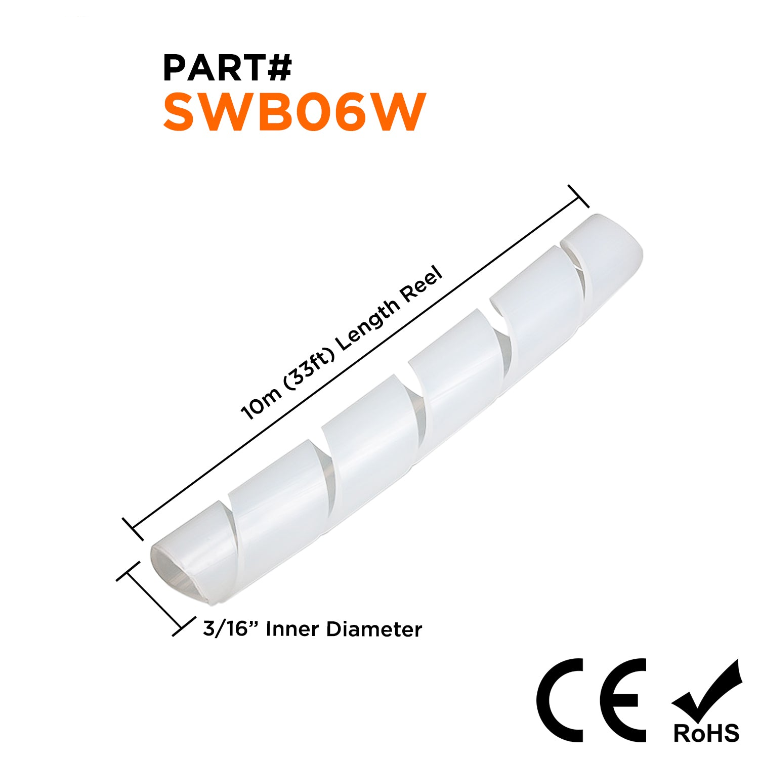 3/16" Polyethylene Spiral Wrap Tubing, Cable Wrap, Blanco, 33-ft Bundle - SWB06W
