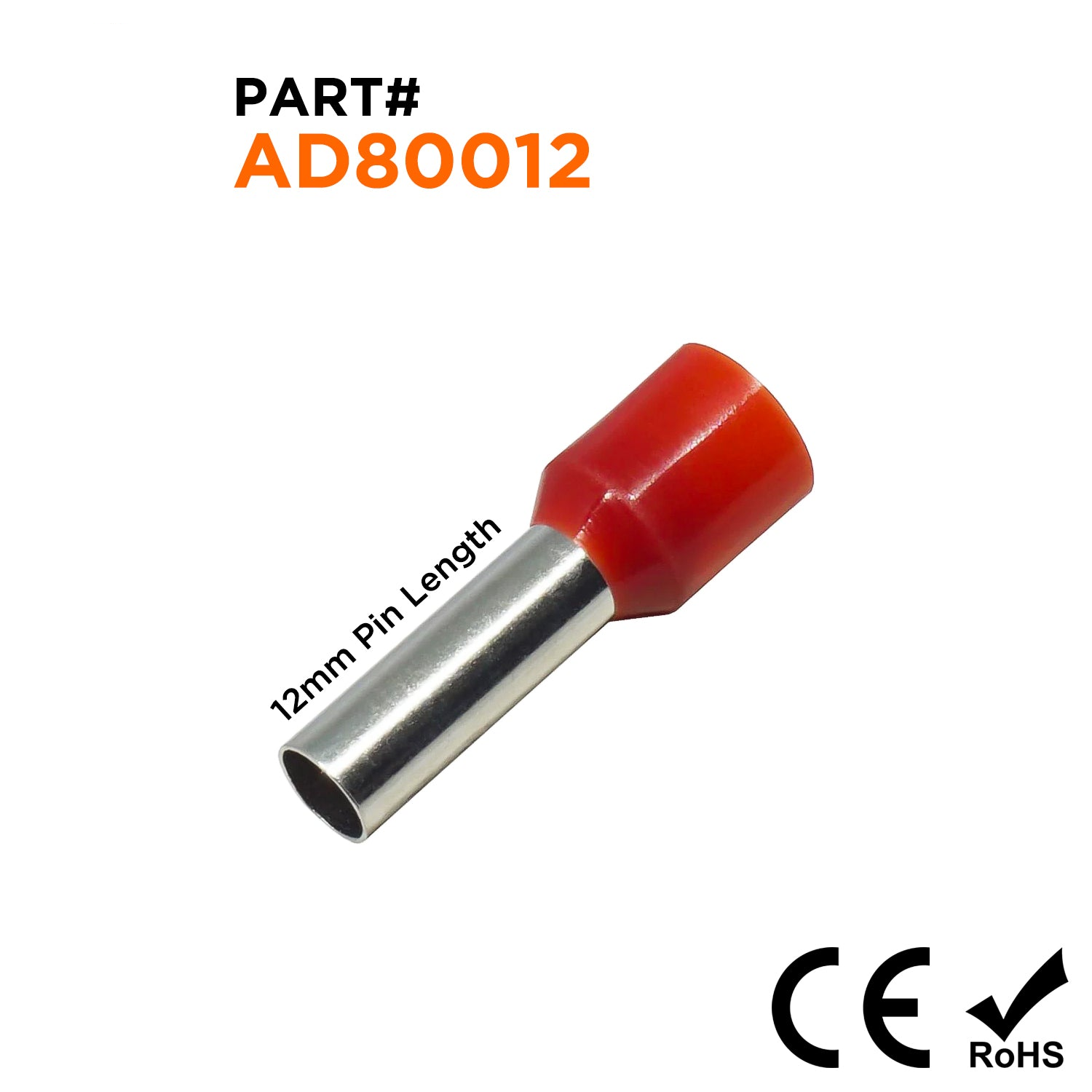 AD80012 - 8 AWG (Small Diameter) Insulated Wire Ferrules, 12mm Pin, Red, 100 Pieces