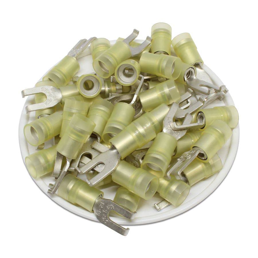 FSNYD5-37 - 12 a 10 AWG Con aislamiento de nailon Flange Terminales de horquilla, #6 Orificio, Double Crimp, 50 piezas