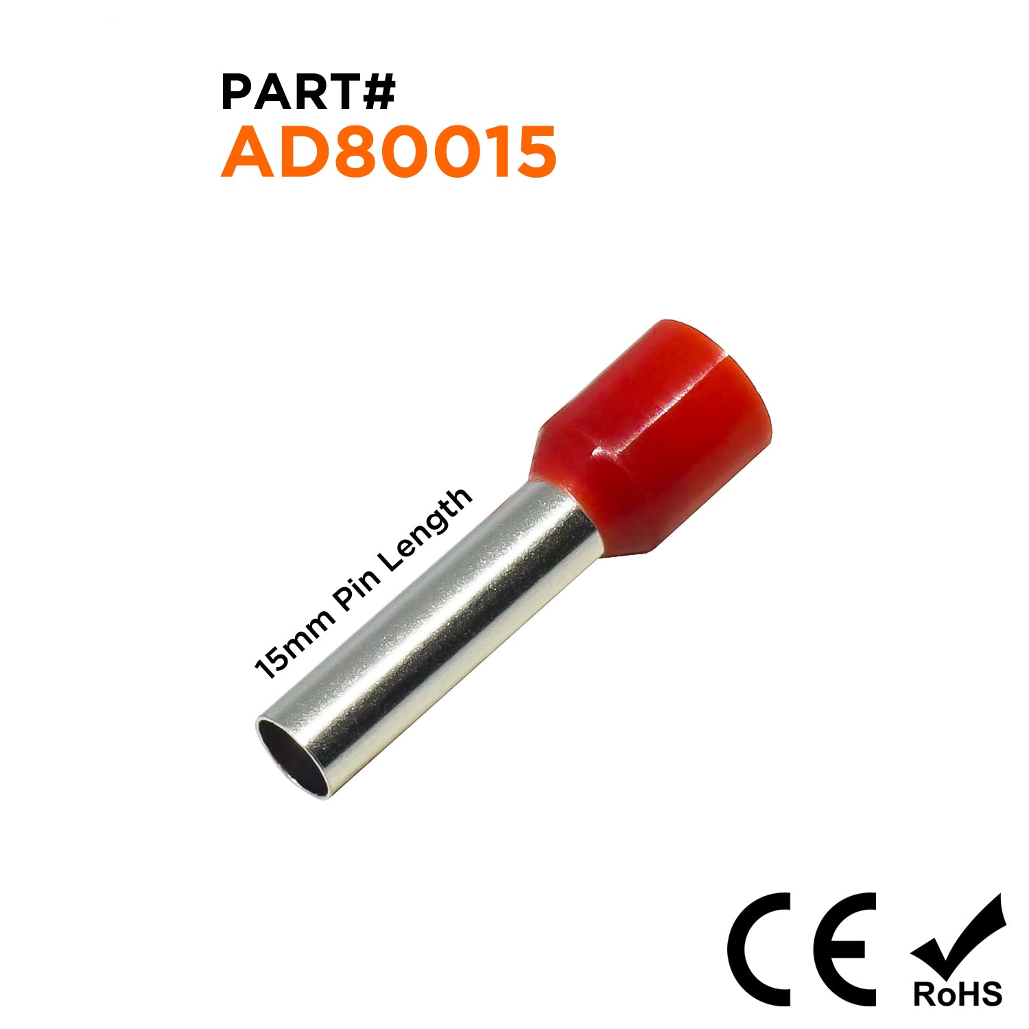 AD80015 - 8 AWG (Small Diameter) Insulated Wire Ferrules, 15mm Pin, Red, 100 Pieces