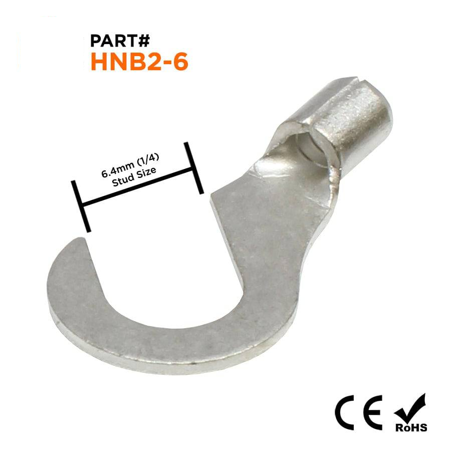 16-14 AWG Non Insulated Hook Terminals, 1/4" Stud, Brazed Seam, UL, - HNB2-6