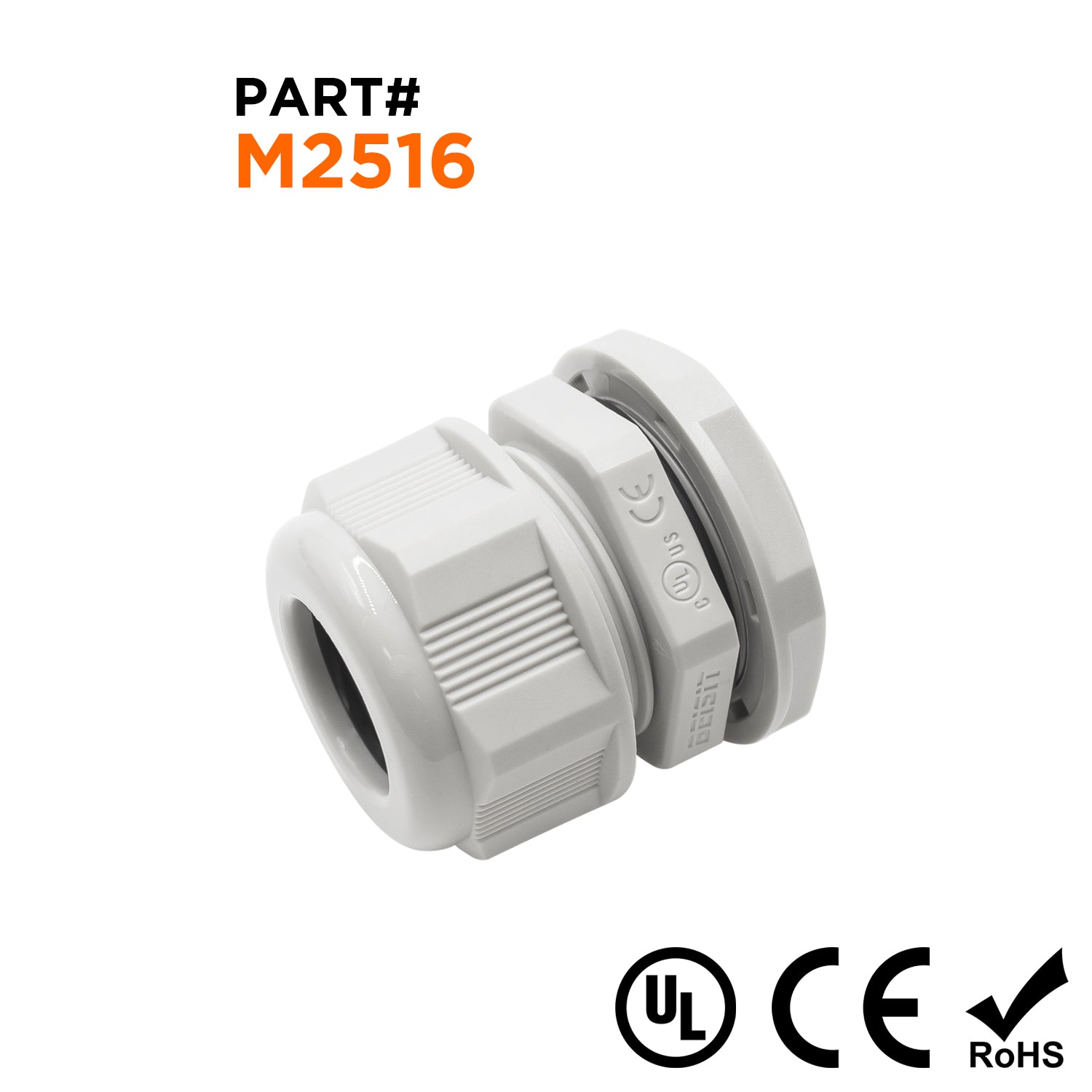 M2516GY - M25 x 1.5mm Metric Rosca De nailon Prensaestopas, Gris, Rango: 3/8" a 5/8", UL Listed, IP68, IP69K - 1 pieza