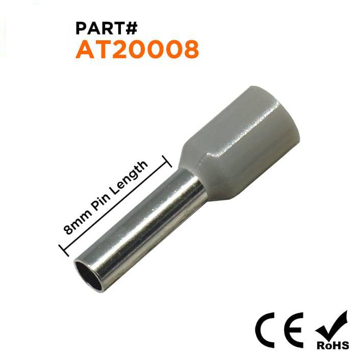 AT20008 - 14 AWG (Small Diameter) Insulated Punteras, 8mm Pin, Gris, 500 piezas