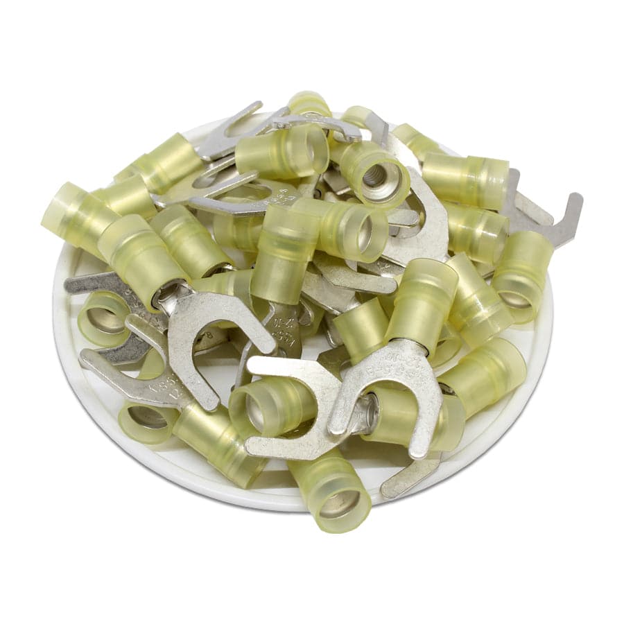 SNYB5-8 - 12 a 10 AWG Con aislamiento de nailon Terminales de horquilla, 1/4" Orificio, UL Recognized, 50 piezas