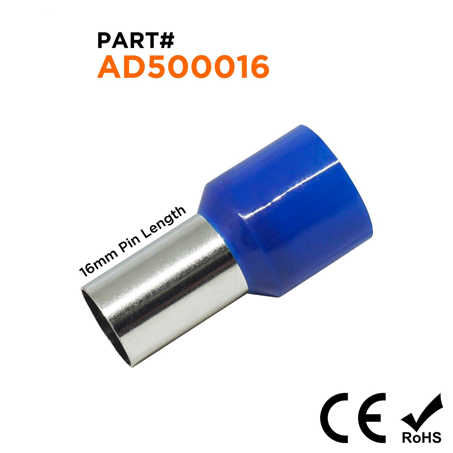 AD500016 - 1 AWG Single Insulated Wire Ferrules, 16mm Pin, Blue, 50 Pieces