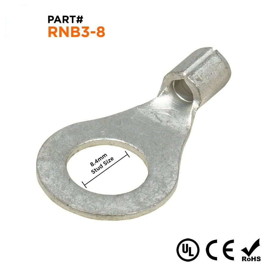 RNB3-8 - 14 to 12 AWG Non Insulated Ring Terminals, 5/16" Stud, UL Recognized, 100 Pieces