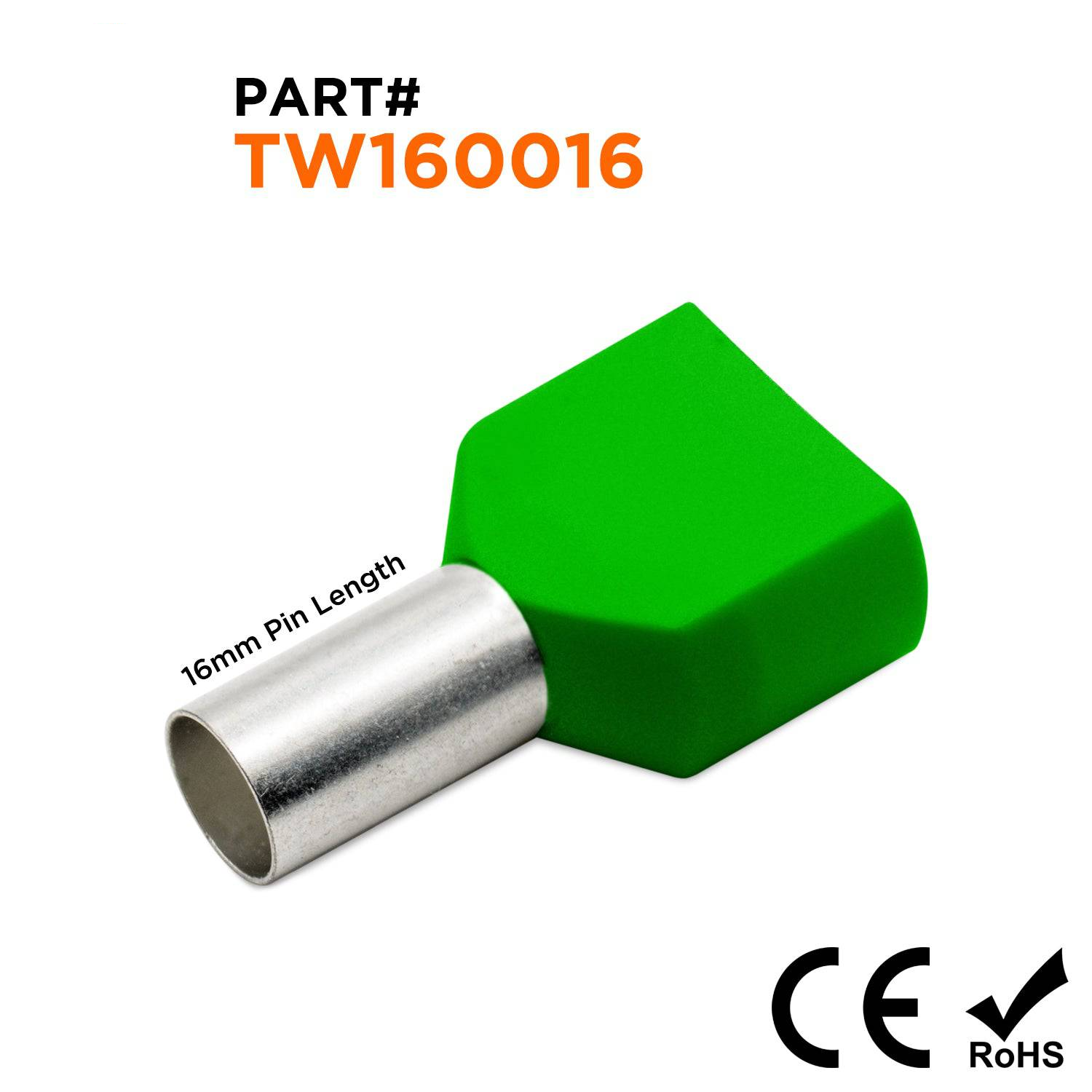 TW160016 - 6 AWG Twin Wire Ferrules, 16mm Pin, Green, 100 Pieces