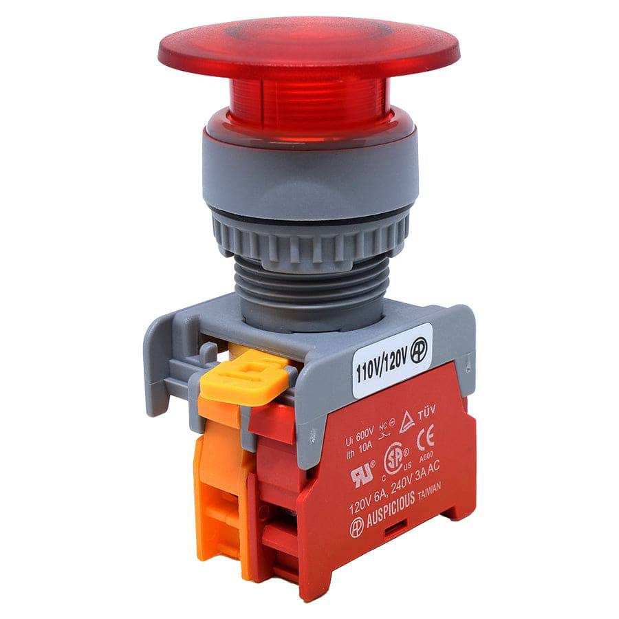 LXE22-1/C-RD - 22mm Illuminated Mushroom Head Push Button - 110V - Rojo