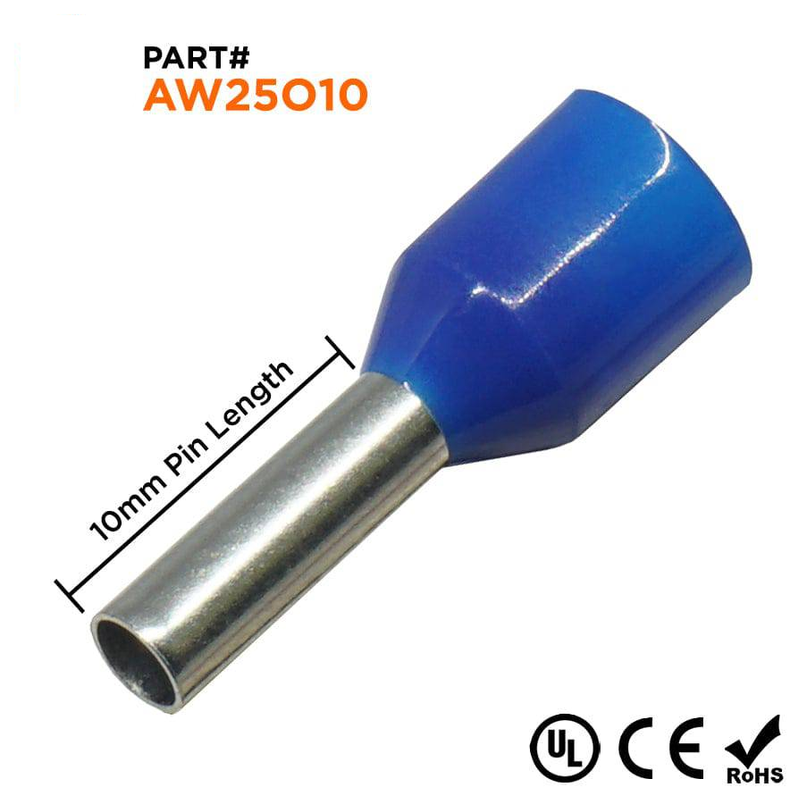 AW25010 - 14 AWG Insulated Punteras, 10mm Pin, Azul, UL Recognized, 500 piezas