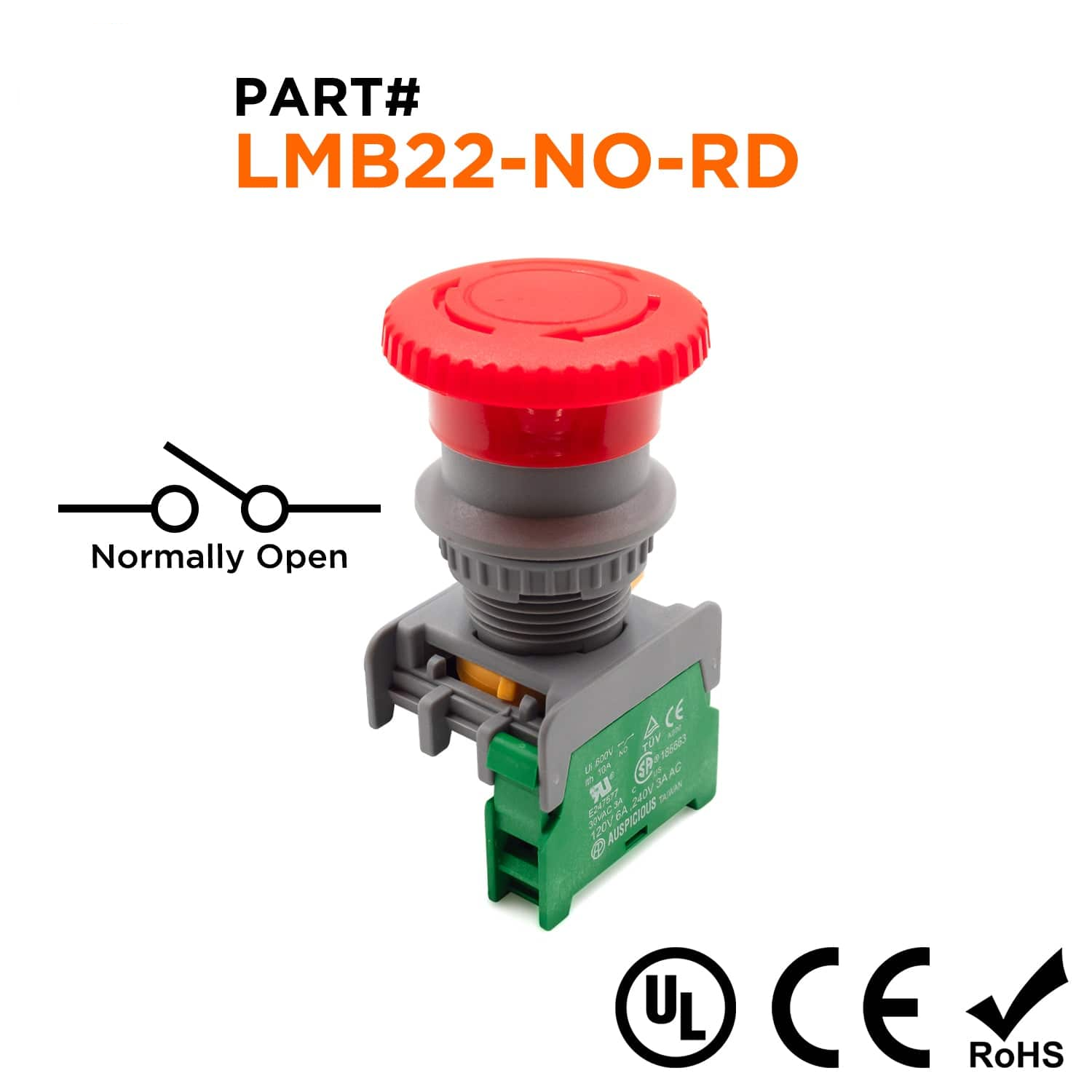 LMB22-NO-RD - 22mm Rotary Switch Push Button, NO Contact, 110-240v, 1 Piece