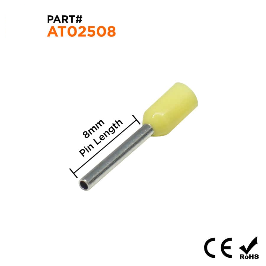 AT02508 - 24 AWG Single Insulated Wire Ferrules, 8mm Pin, Yellow, 500 Pieces
