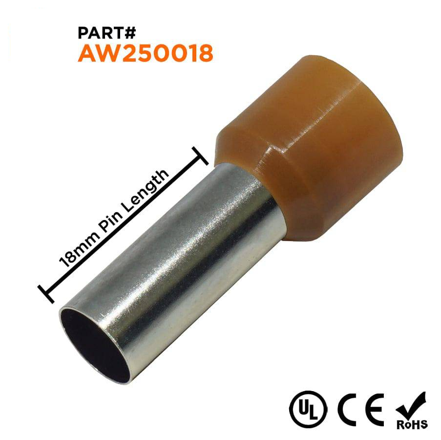 AW250018 - 4 AWG Insulated Wire Ferrules, 18mm Pin, Brown, UL Recognized, 100 Pieces
