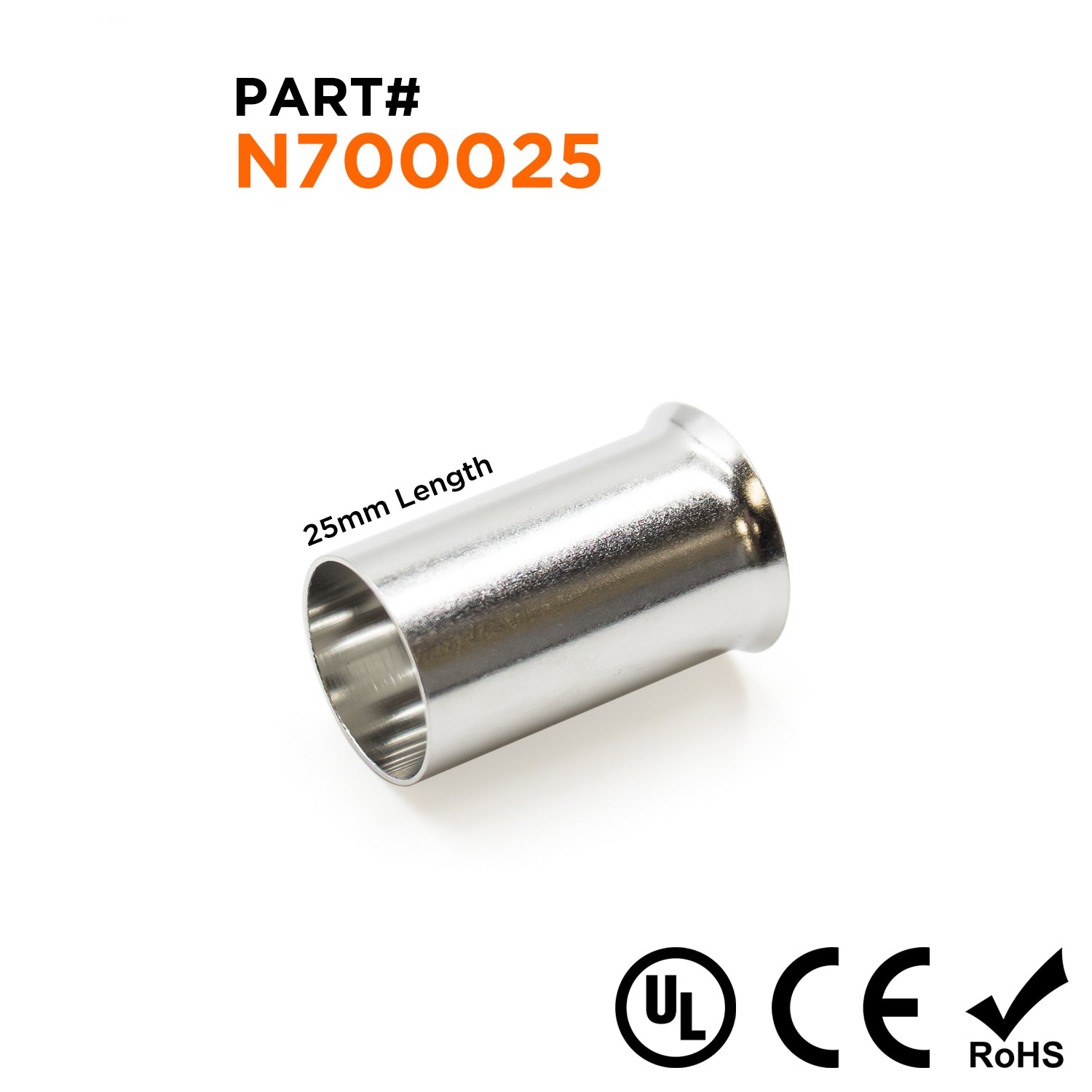 N700025 - 2/0 AWG Non Insulated Wire Ferrules, 25mm Pin, UL Recognized, 50 Pieces