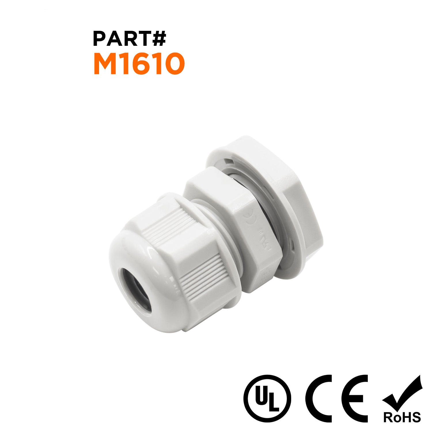 M1610GY - M16 x 1.5mm Metric Thread Nylon Cable Gland, Gray, Range: 3/16" to 3/8", UL Listed, IP68, IP69K - 1 Piece