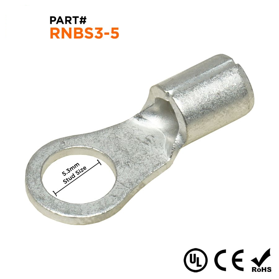 RNBS3-5 - 14 a 12 AWG Sin aislamiento Terminales de anillo, #10 Orificio, UL Recognized, 100 piezas