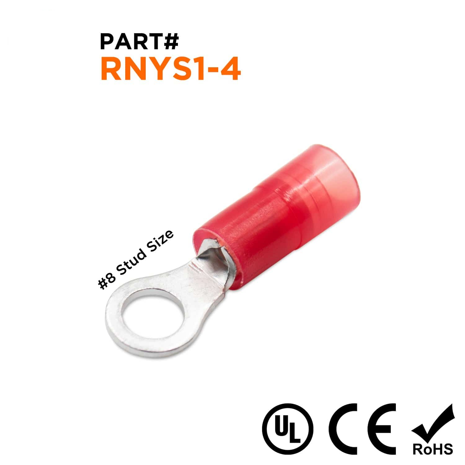 22-16 AWG Con aislamiento de nailon Terminales de anillo, #8 Orificio, Butted Seam, 100 piezas - RNYS1-4