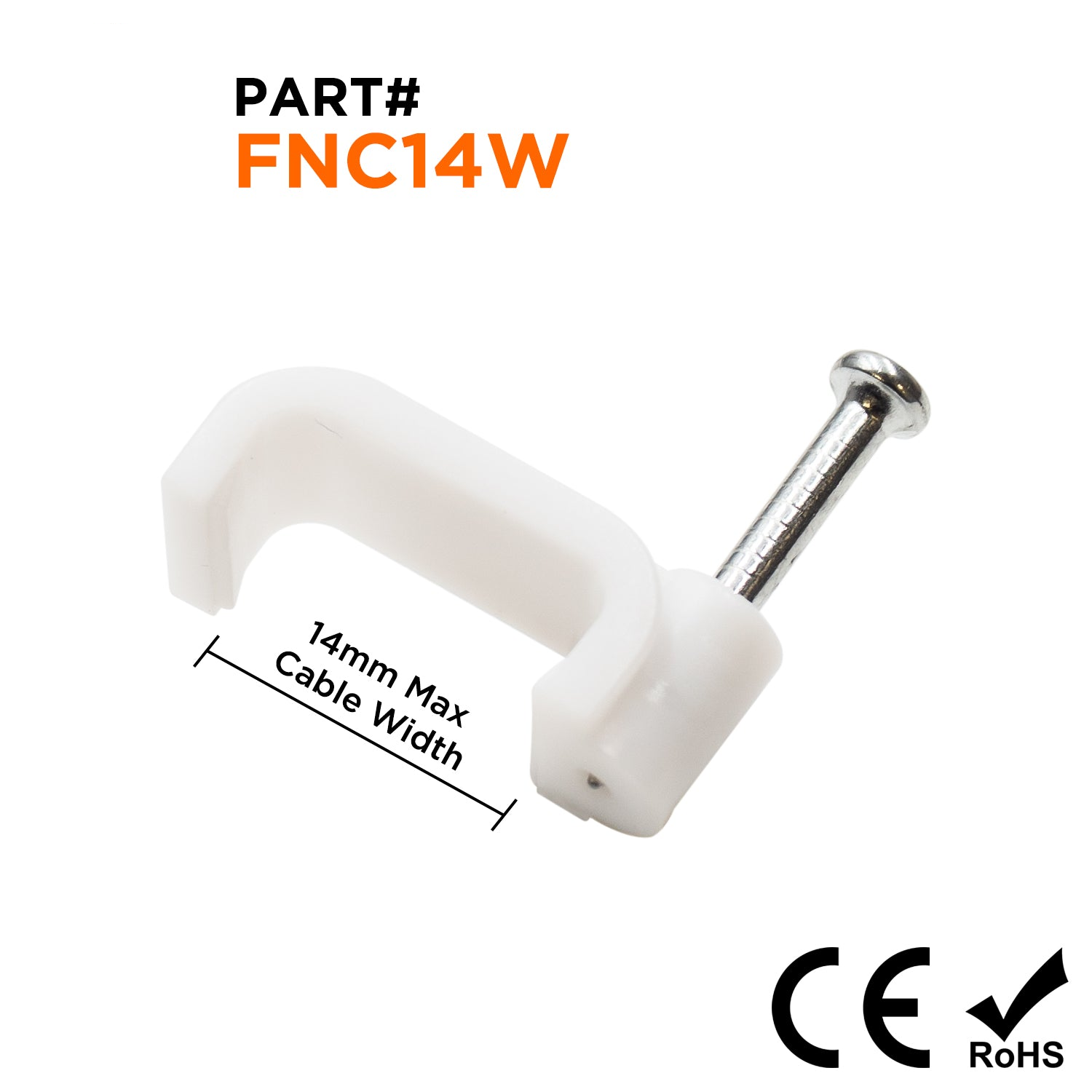 FNC14W - Nail In Cable Grapas, Cable Nails Tacks, Flat, 14mm, 0.55", Blanco, 100 piezas