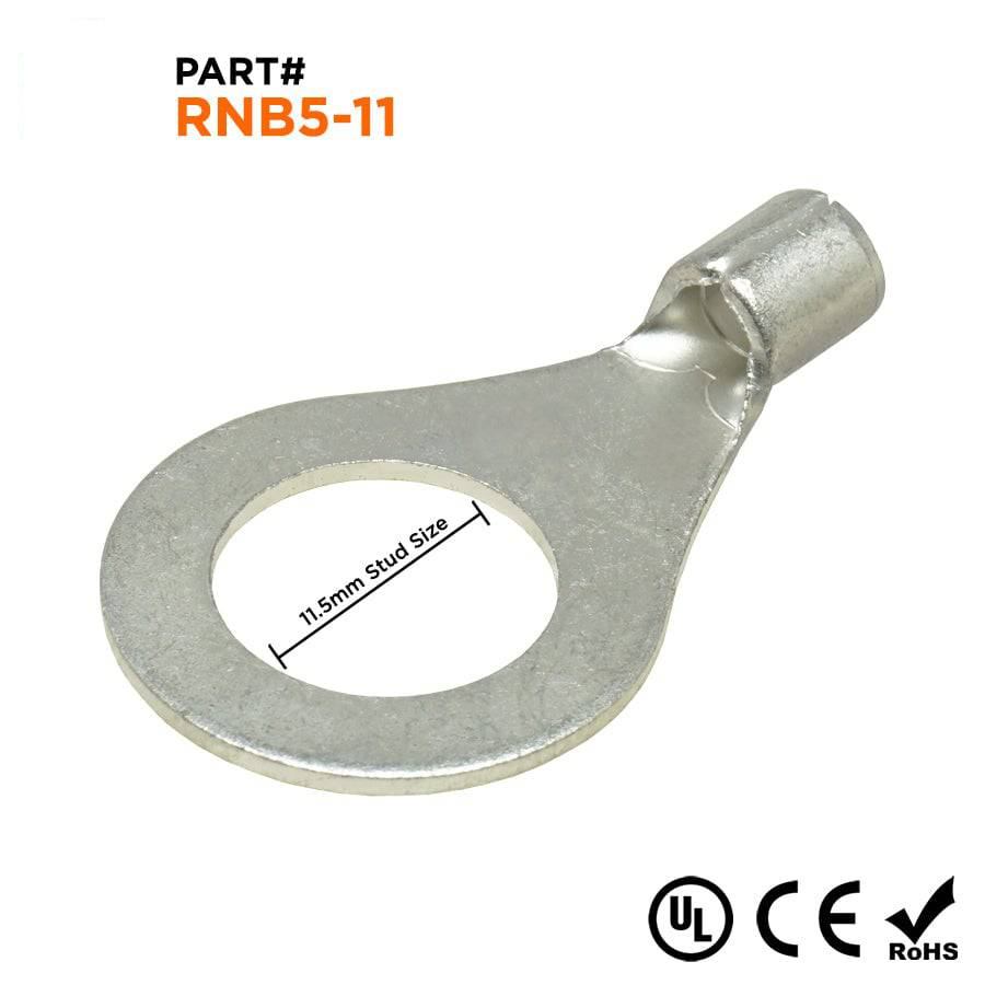 RNB5-11 - 12 to 10 AWG Non Insulated Ring Terminals, 7/16" Stud, UL Recognized, 50 Pieces