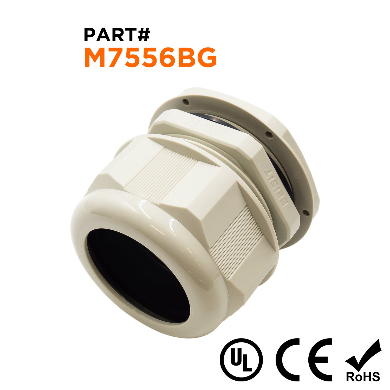M7556BG - M75 x 2mm Metric Thread Nylon Cable Gland, Beige, Range: 1-7/8" to 2-3/16", UL Recognized, IP68