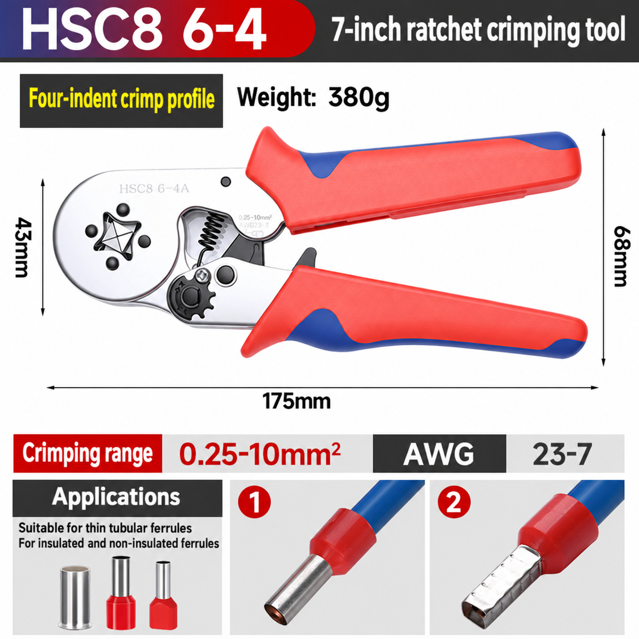 HSC8 6-4A, crimpadora de carraca para punteras, 0,25–10 mm²