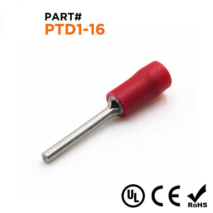 PTD1-16 - 22 a 16 AWG Vinyl PVC Insulated Terminales de pin, Double Crimp, 16mm Pin, 100 piezas