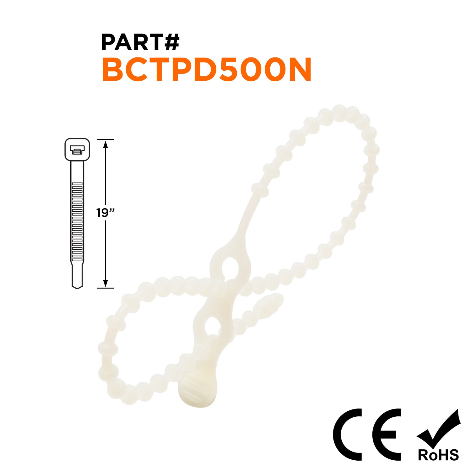 BCTPD500N - 19" Estándar Double Loop Beaded Polyethylene Reusable Bridas, 80-lb Tensile Strength, Natural, 100-Pack
