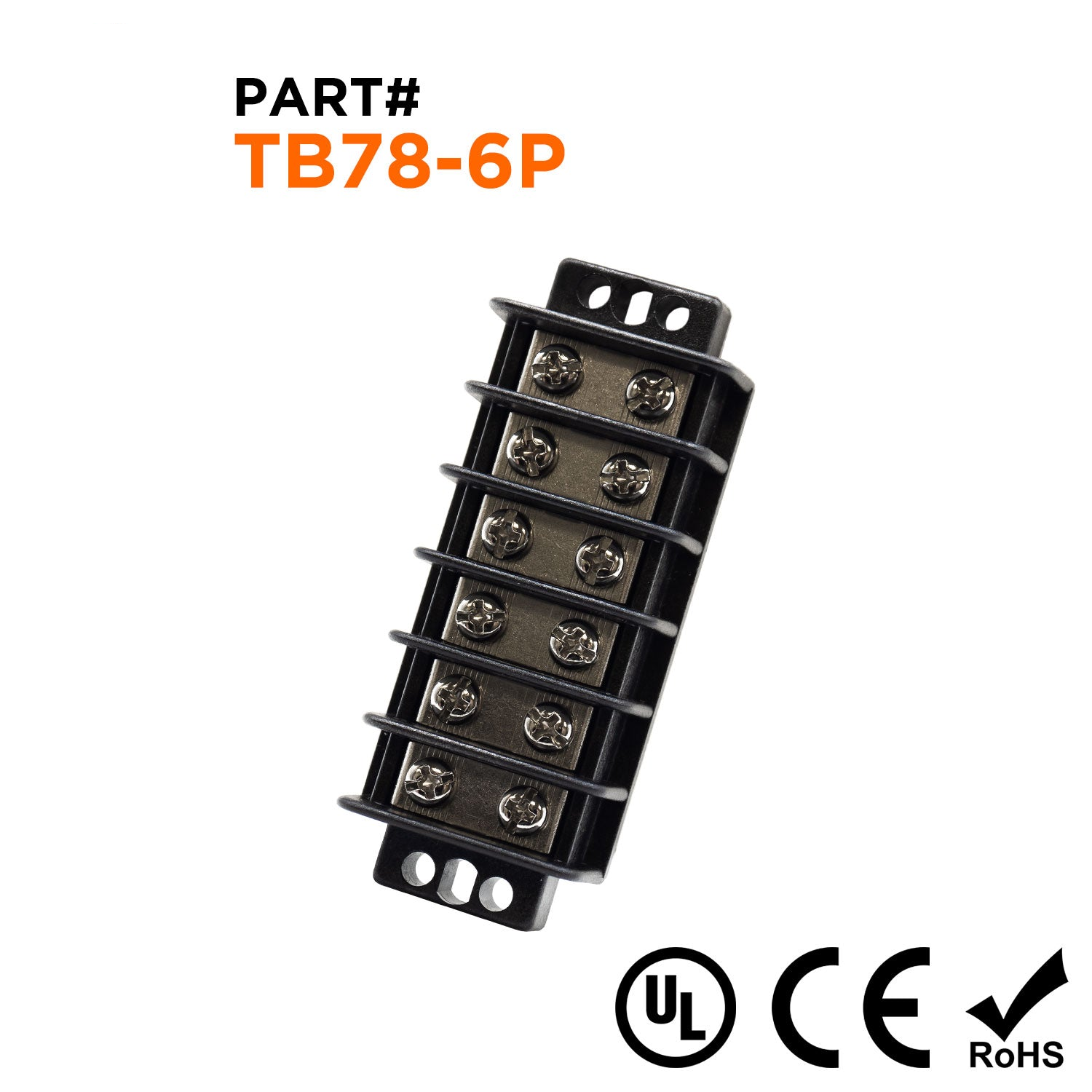 TB78-6P - Barrier Strip Terminal Block, Terminal Strip, 6 Pole Double Row, 20A, 300V, UL Approved, 1 Piece
