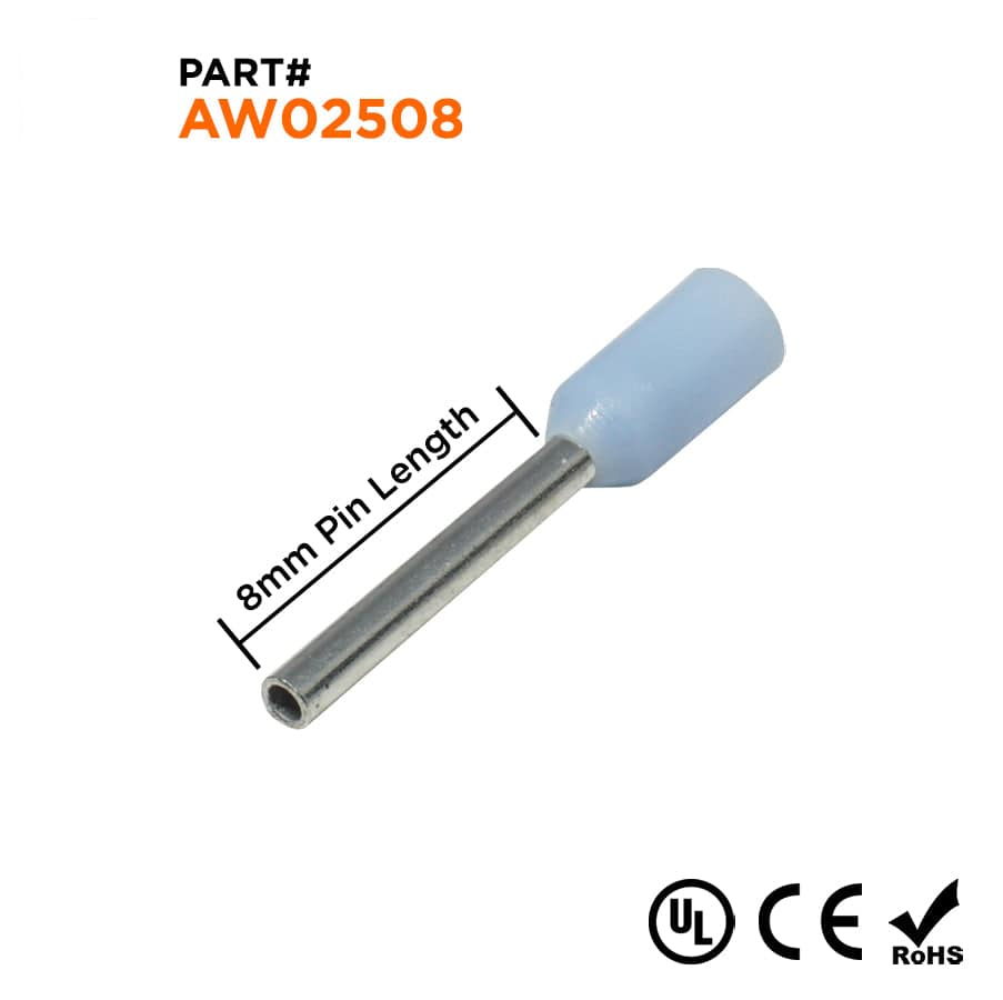 AW02508 - 24 AWG Insulated Punteras, 8mm Pin, Azul claro, UL Recognized, 500 piezas