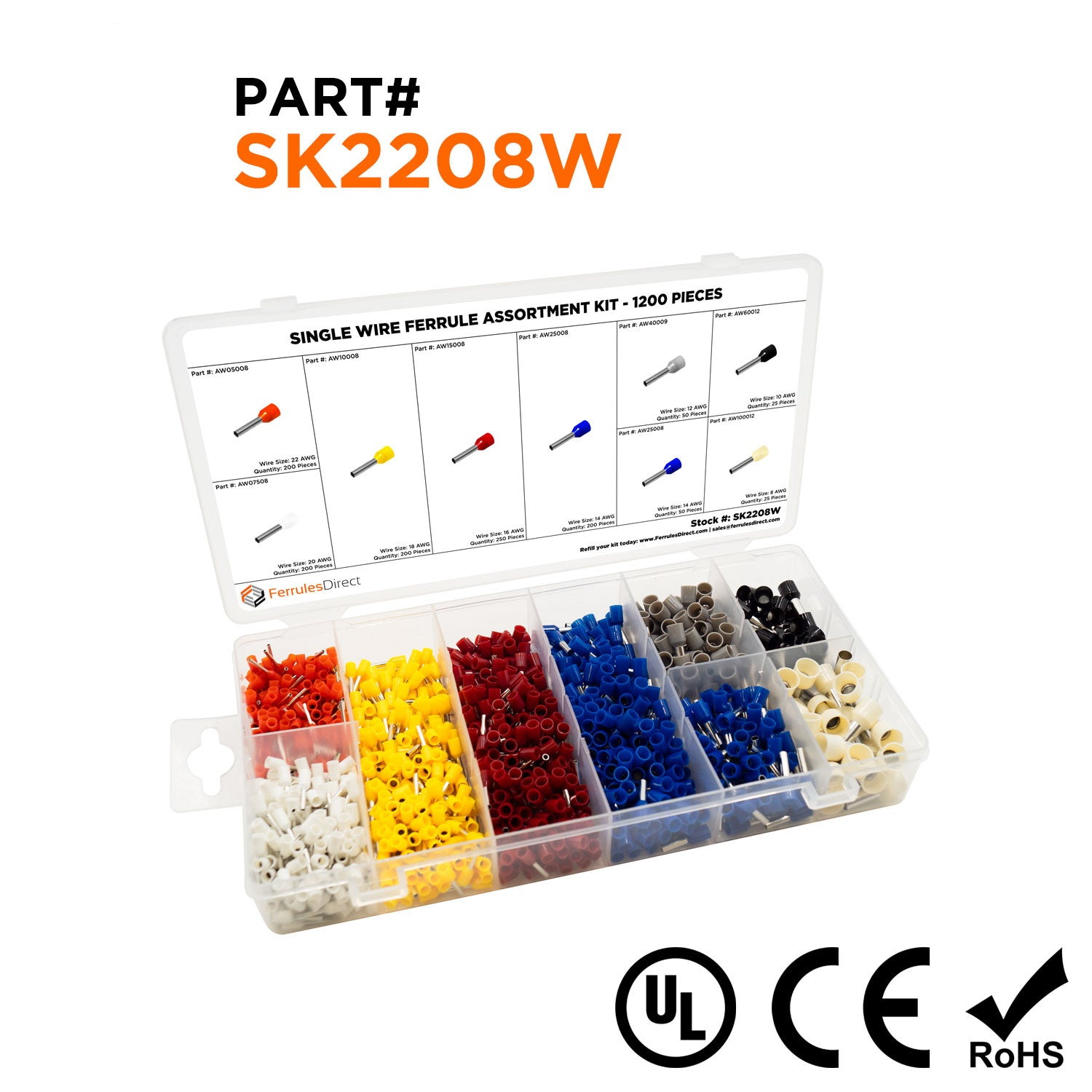SK2208W - 22 to 8 AWG Single Insulated Wire Ferrule Assortment Kit, 1200 Pieces, Series W, 1 Kit