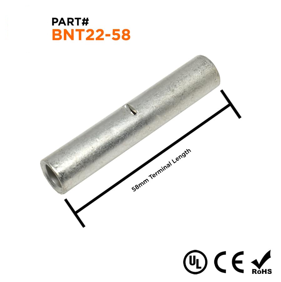4 AWG Sin aislamiento Butt Splice Conectores, 2 1/4" Longitud, UL Approved, 10 piezas - BNT22-58