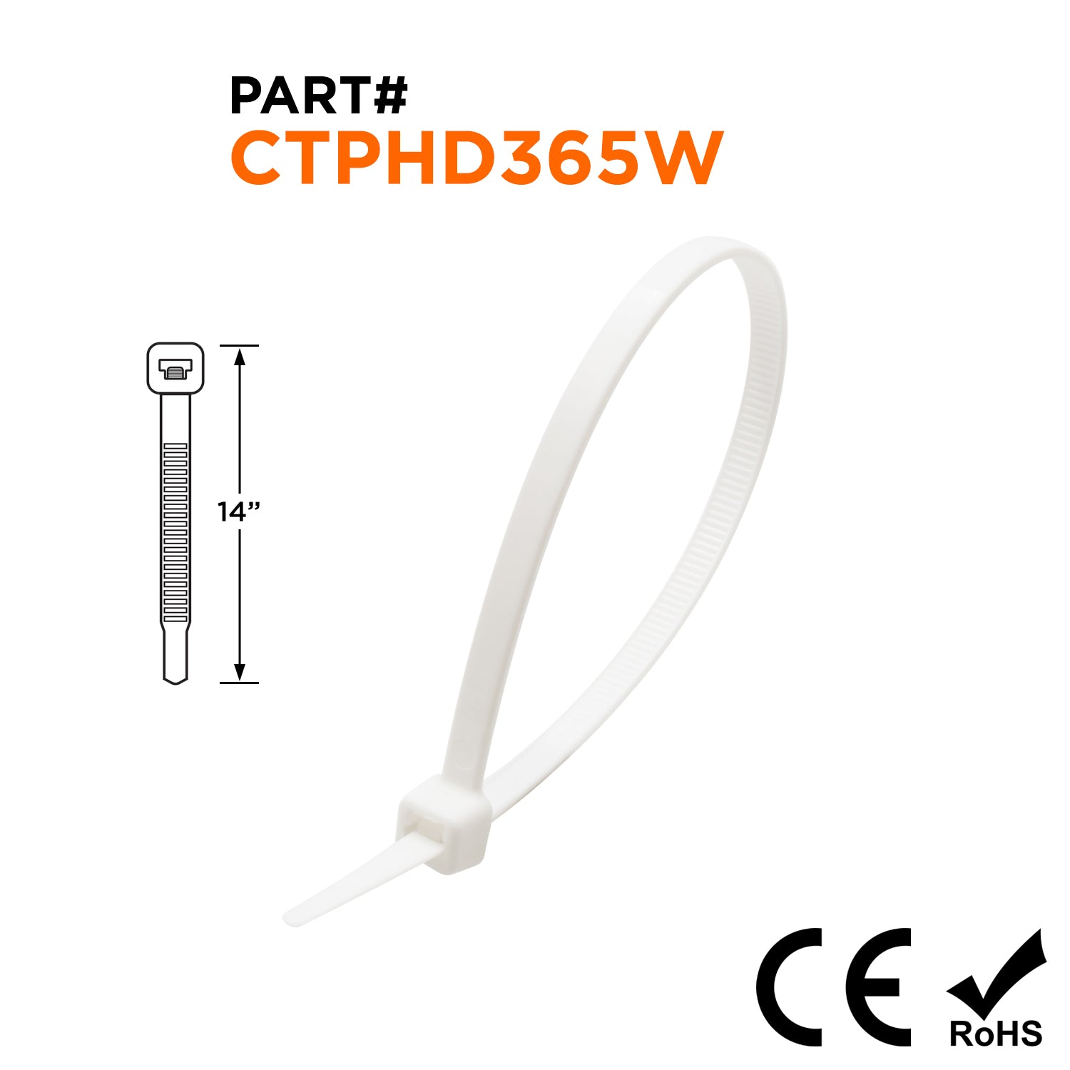 CTPHD365W - 14" Polypropylene De alta resistencia Bridas, 50-lb Tensile Strength, Blanco, 100-Pack